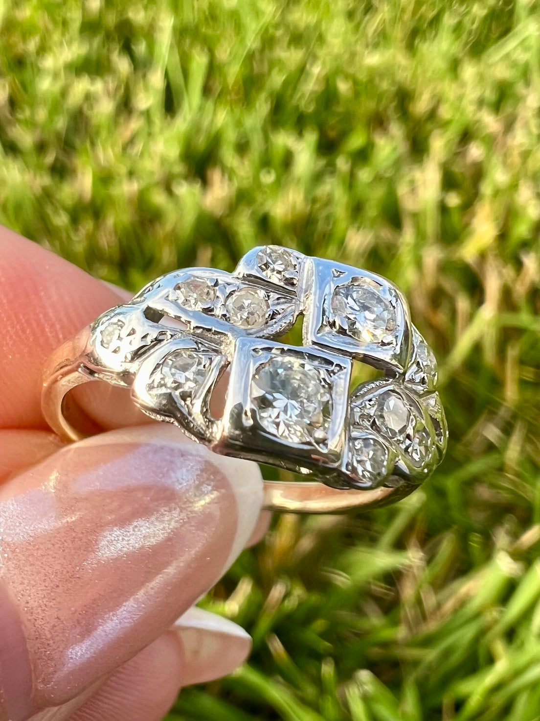Edwardian Revival Diamond Ring | Transitional Cut Diamonds | 14K White & Yellow Gold | Vintage | Size 7.25