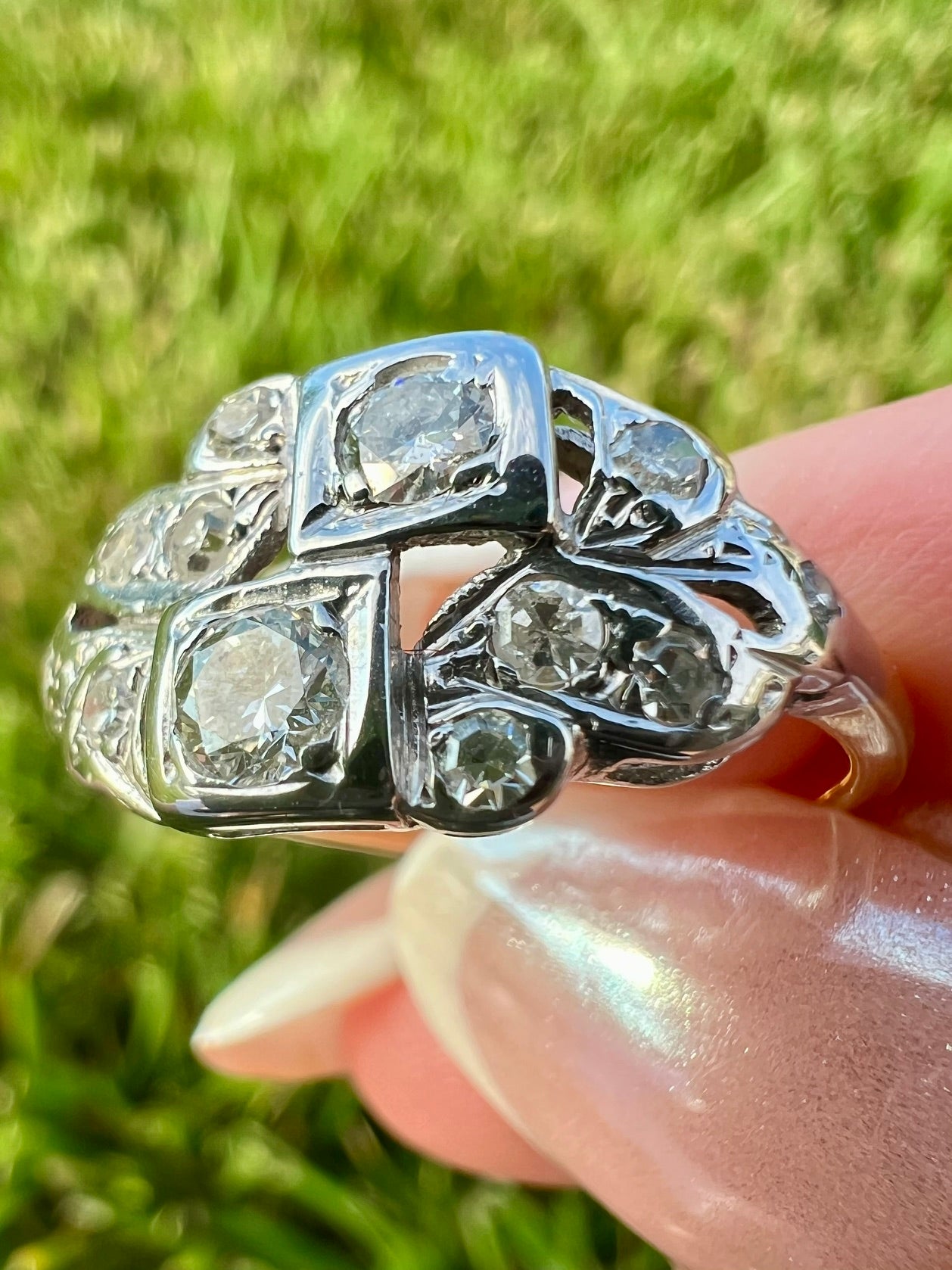 Edwardian Revival Diamond Ring | Transitional Cut Diamonds | 14K White & Yellow Gold | Vintage | Size 7.25