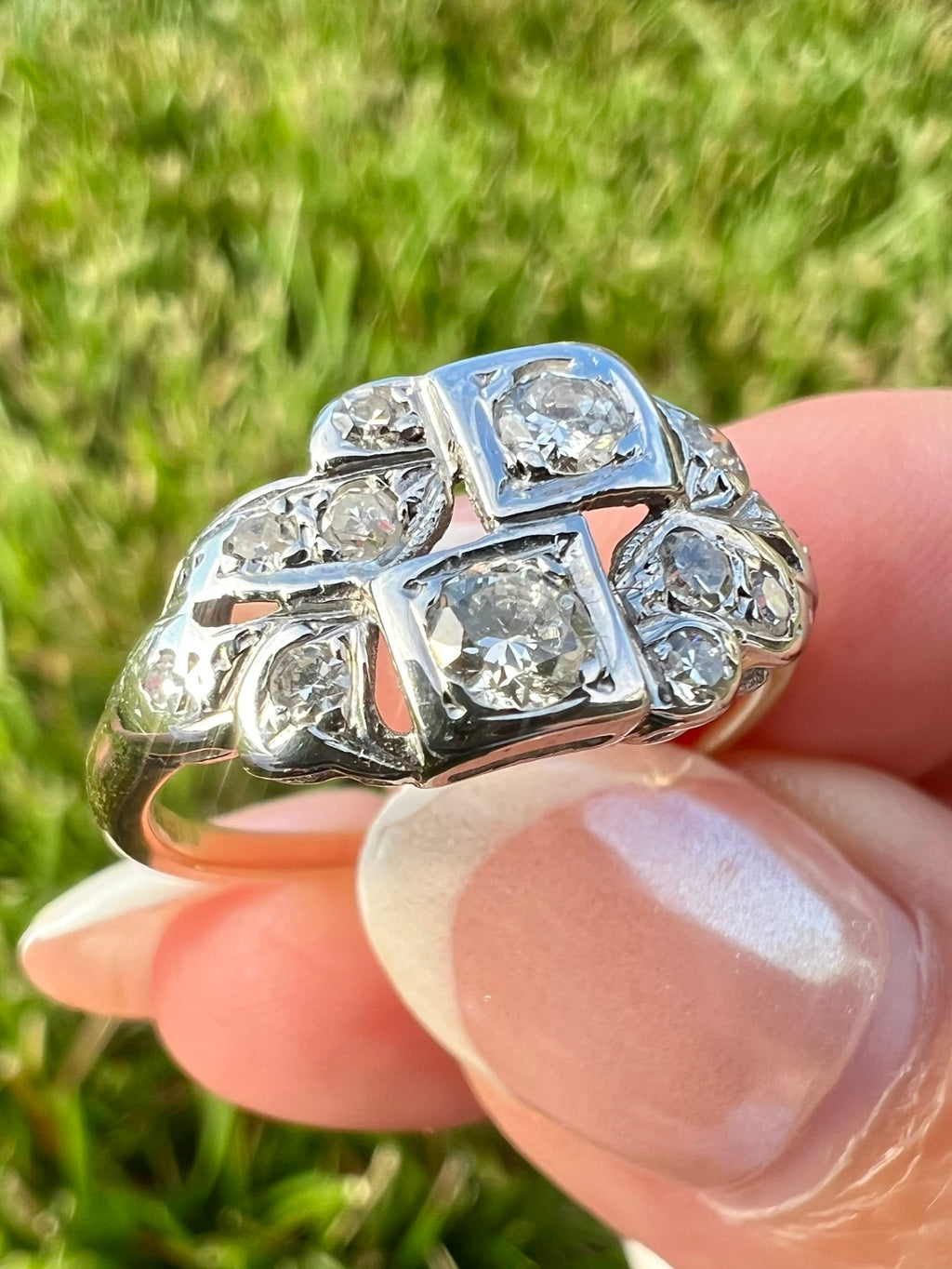 Edwardian Revival Diamond Ring | Transitional Cut Diamonds | 14K White & Yellow Gold | Vintage | Size 7.25