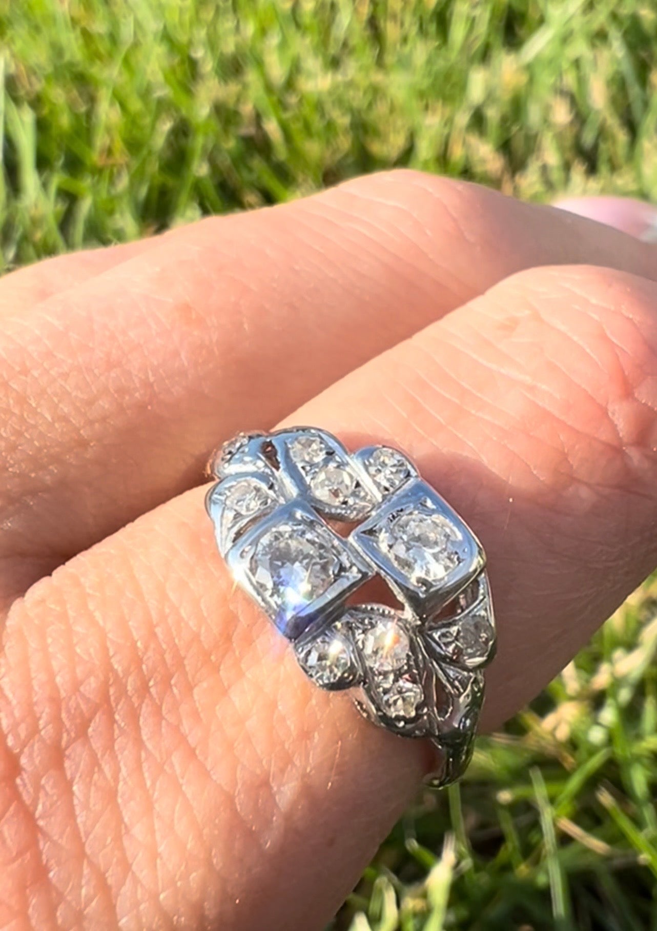 Edwardian Revival Diamond Ring | Transitional Cut Diamonds | 14K White & Yellow Gold | Vintage | Size 7.25