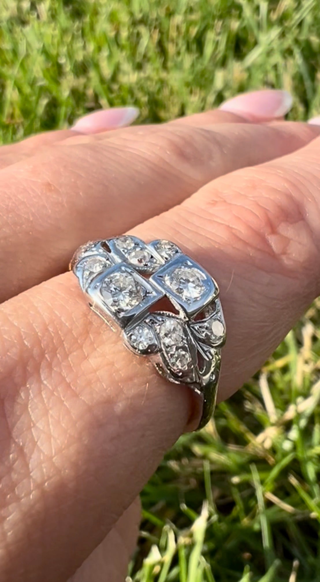 Edwardian Revival Diamond Ring | Transitional Cut Diamonds | 14K White & Yellow Gold | Vintage | Size 7.25