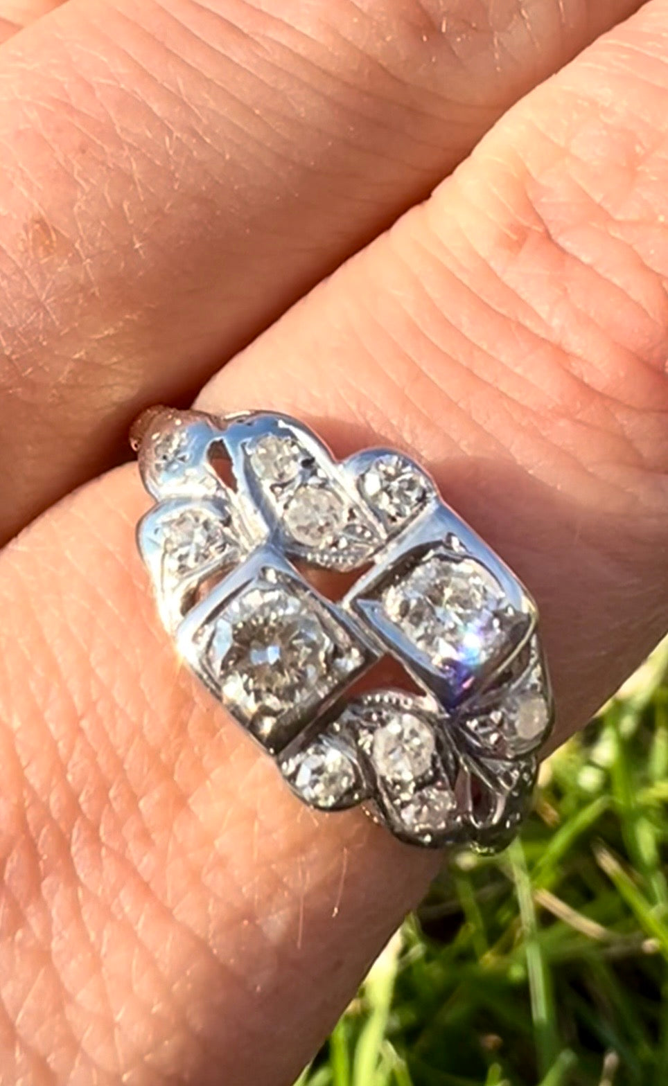 Edwardian Revival Diamond Ring | Transitional Cut Diamonds | 14K White & Yellow Gold | Vintage | Size 7.25