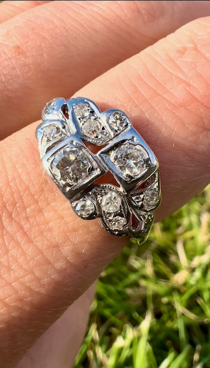 Edwardian Revival Diamond Ring | Transitional Cut Diamonds | 14K White & Yellow Gold | Vintage | Size 7.25