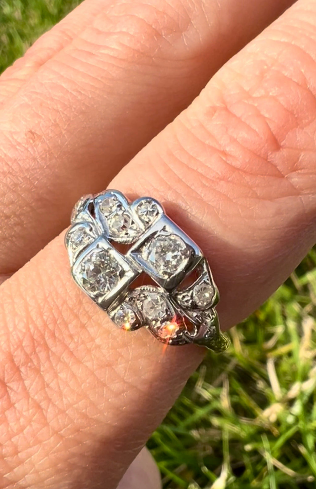 Edwardian Revival Diamond Ring | Transitional Cut Diamonds | 14K White & Yellow Gold | Vintage | Size 7.25