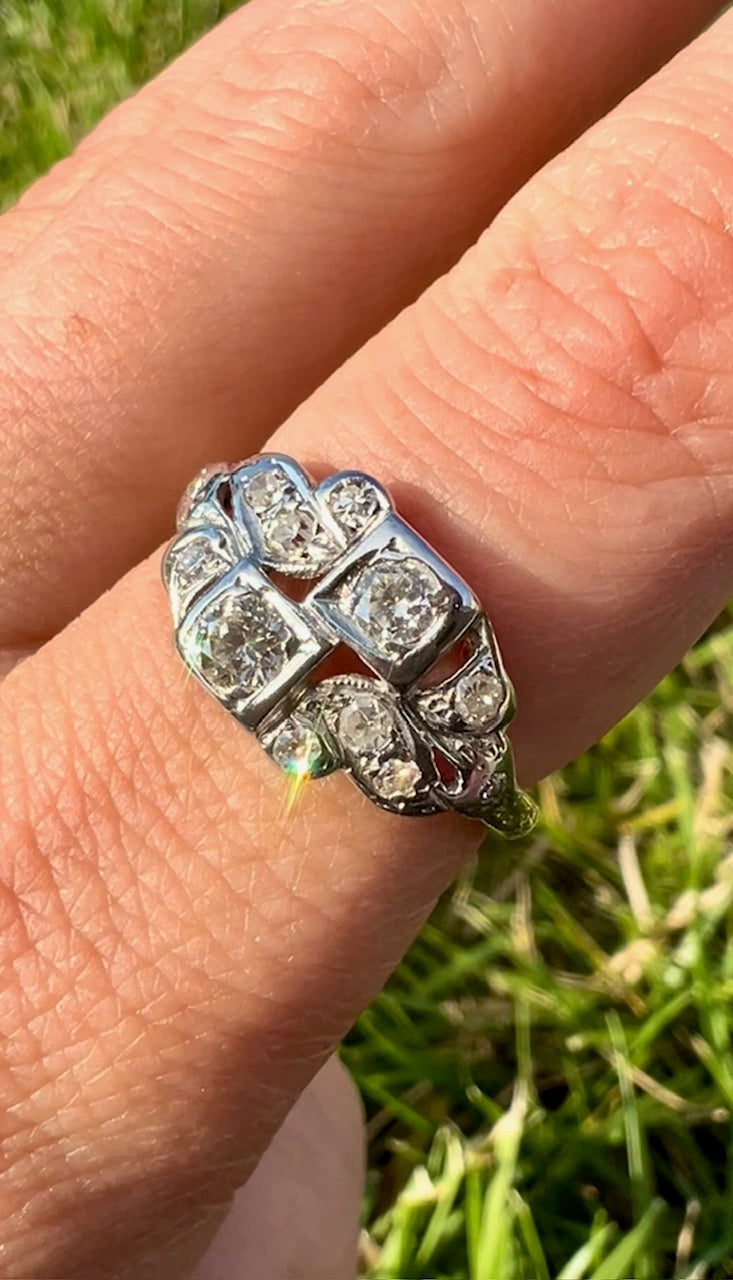 Edwardian Revival Diamond Ring | Transitional Cut Diamonds | 14K White & Yellow Gold | Vintage | Size 7.25