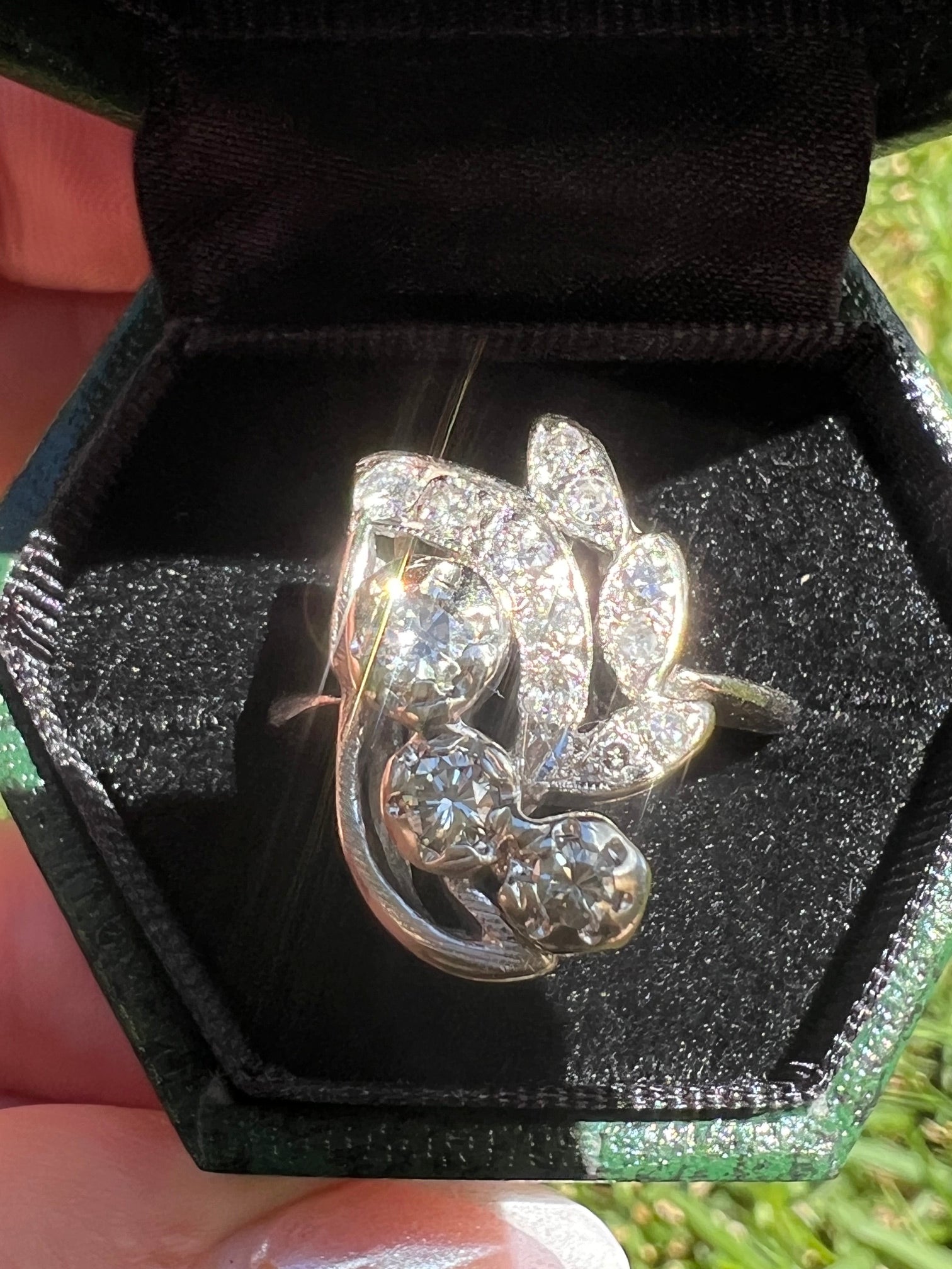 Vintage 1950s Diamond Spray Ring | 14K White Gold | Mid Century Natural Diamond Foliate Ring