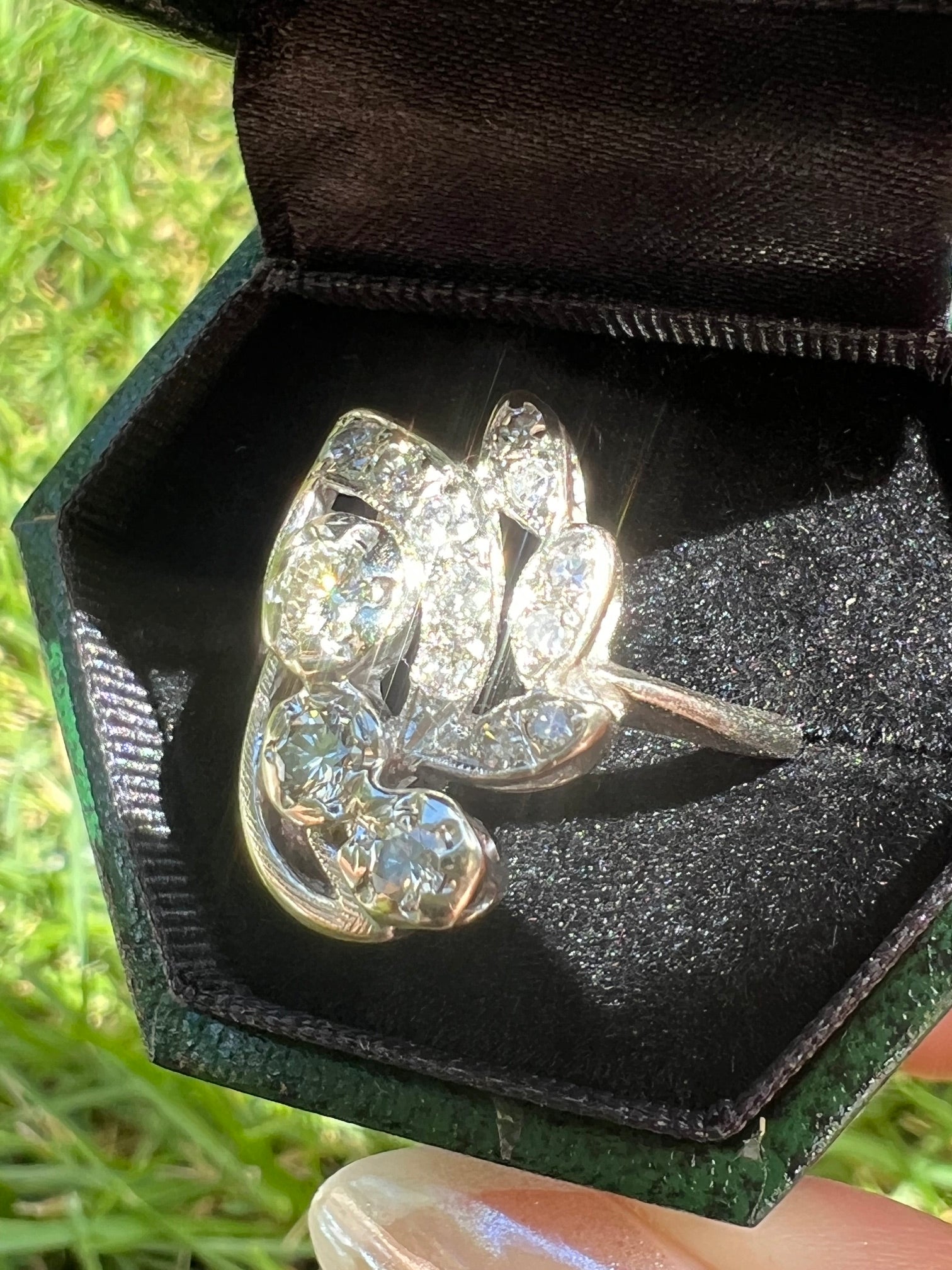 Vintage 1950s Diamond Spray Ring | 14K White Gold | Mid Century Natural Diamond Foliate Ring