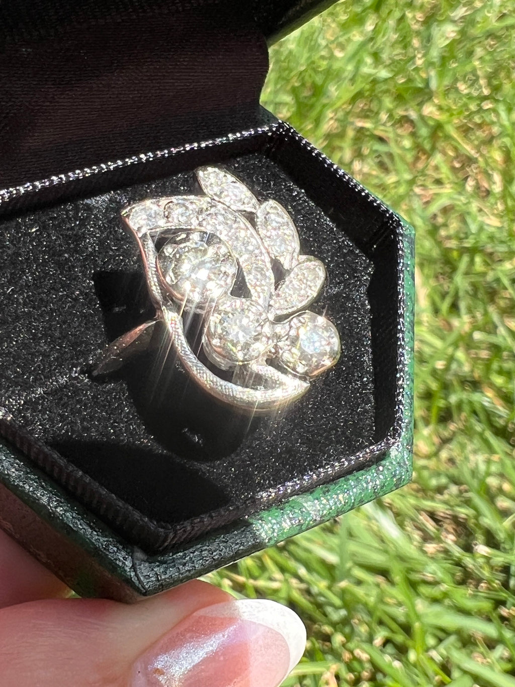 Vintage 1950s Diamond Spray Ring | 14K White Gold | Mid Century Natural Diamond Foliate Ring