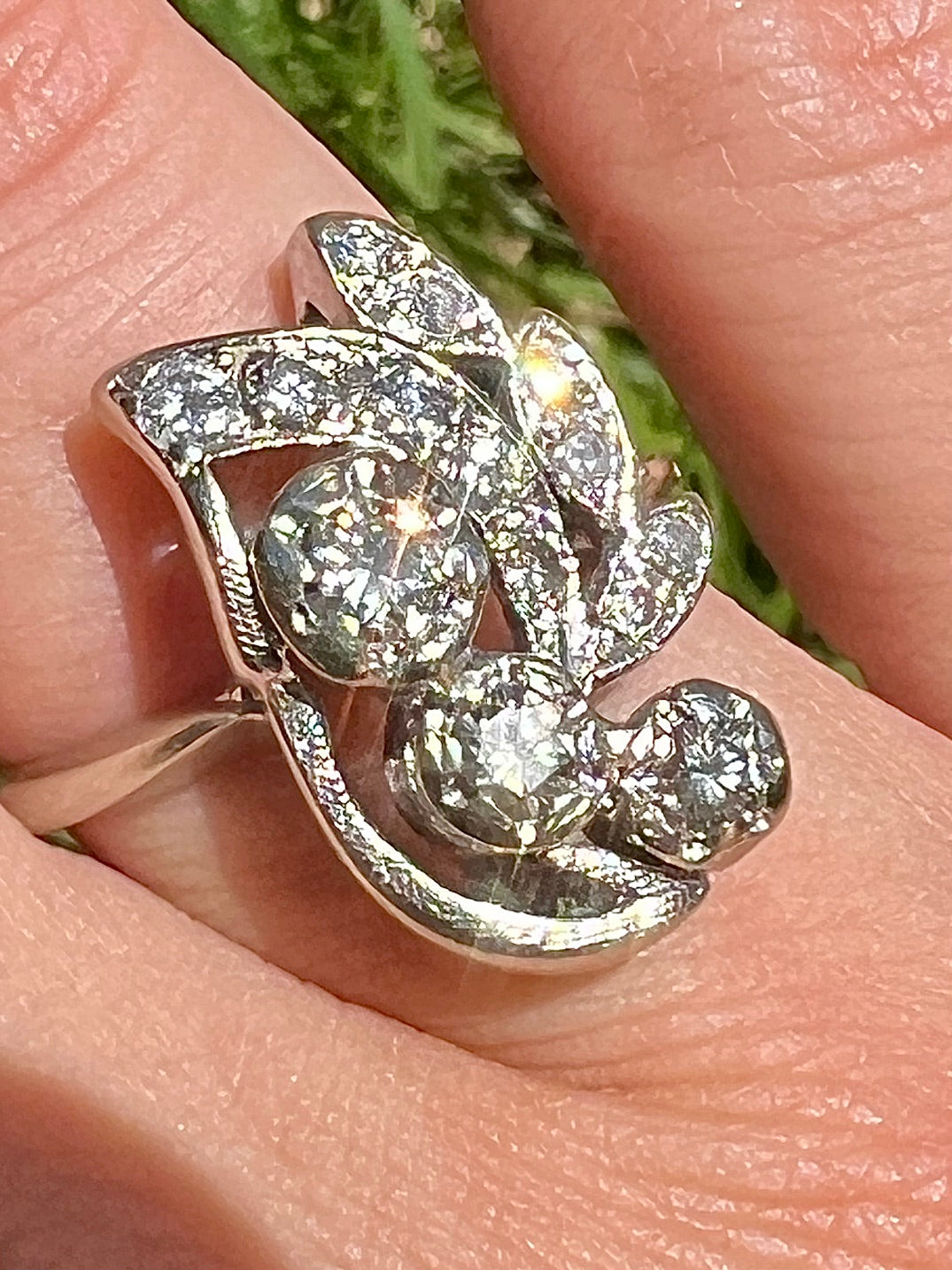 Vintage 1950s Diamond Spray Ring | 14K White Gold | Mid Century Natural Diamond Foliate Ring