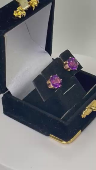 Vintage 14K Gold Amethyst Stud Earrings | Genuine Natural Amethyst | Classic February Birthstone Jewelry